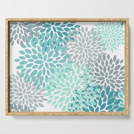 Floral Pattern, Aqua, Teal, Turquoise and Gray Serving Tray