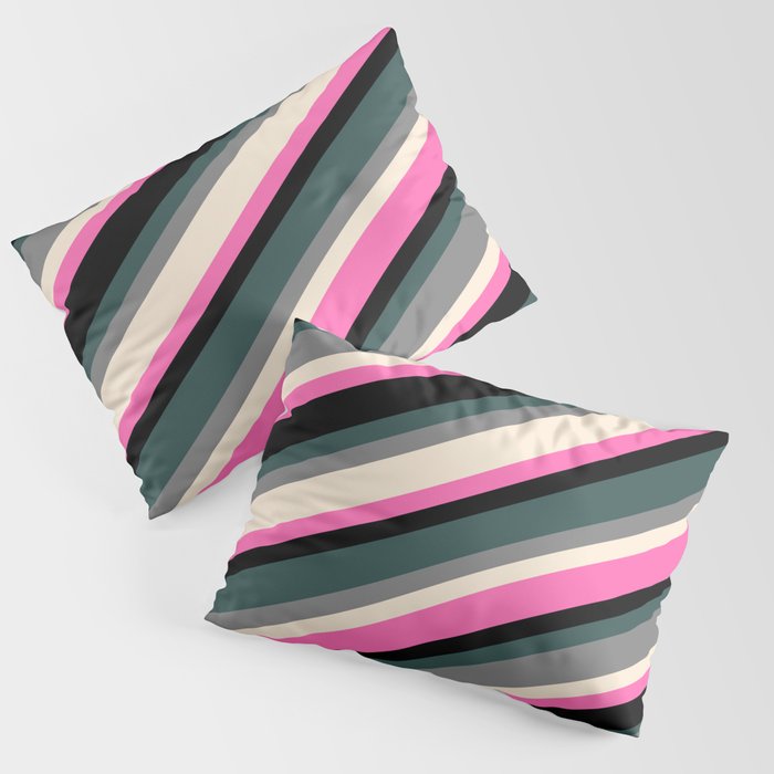 Eye-catching Dark Slate Gray, Grey, Beige, Hot Pink, and Black Colored Lined/Striped Pattern Pillow Sham