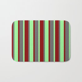 [ Thumbnail: Dark Red, Green, and Dim Gray Colored Lines Pattern Bath Mat ]