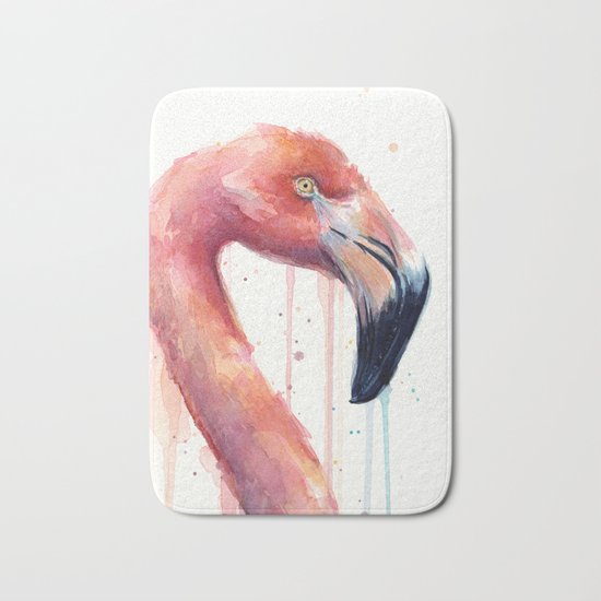 Watercolor Pink Flamingo Illustration | Facing Right Bath Mat