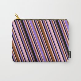 [ Thumbnail: Pink, Brown, Purple & Black Colored Lined Pattern Carry-All Pouch ]