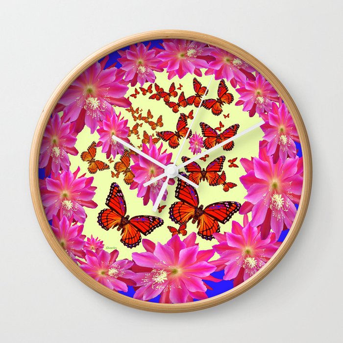 Blue & Yellow Butterflies  Pink Flowers Pattern Art Wall Clock