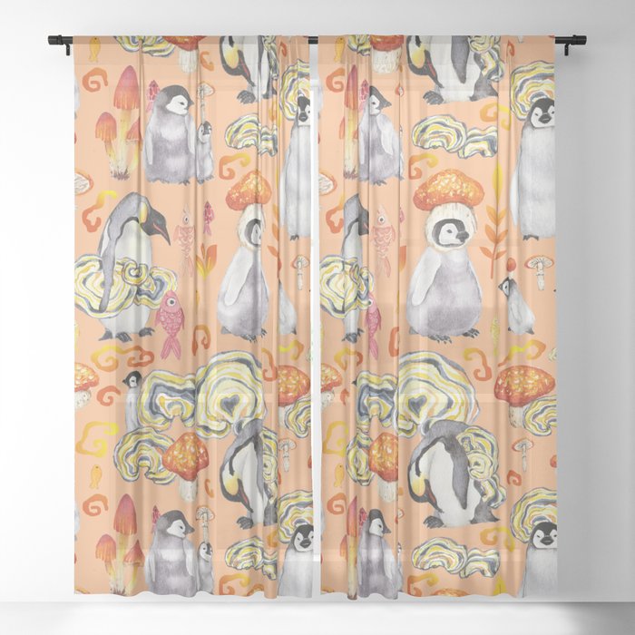 Penguins mushroom family - orange Sheer Curtain
