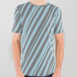 [ Thumbnail: Grey & Light Blue Colored Lines Pattern All Over Graphic Tee ]