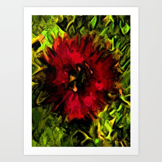 Red Flower and Green Leaves with Black Lines Art Print