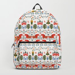 Scandinavian Fairytale - Green + Red Backpack | Folk, Christmas Art, Dala Horse, Hygge, Illustration, Scandinavian, Castle, Graphicdesign, Christmas, Magical 