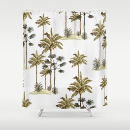 Tropical vintage botanical landscape, palm tree, banana tree, plant floral seamless border on a white background. Exotic green jungle wallpaper.  Shower Curtain