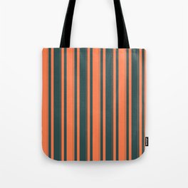 [ Thumbnail: Coral and Dark Slate Gray Colored Striped/Lined Pattern Tote Bag ]