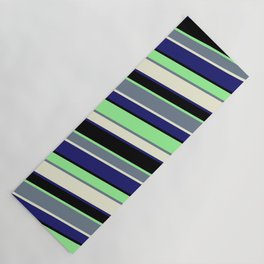 [ Thumbnail: Vibrant Slate Gray, Beige, Midnight Blue, Black, and Green Colored Stripes/Lines Pattern Yoga Mat ]