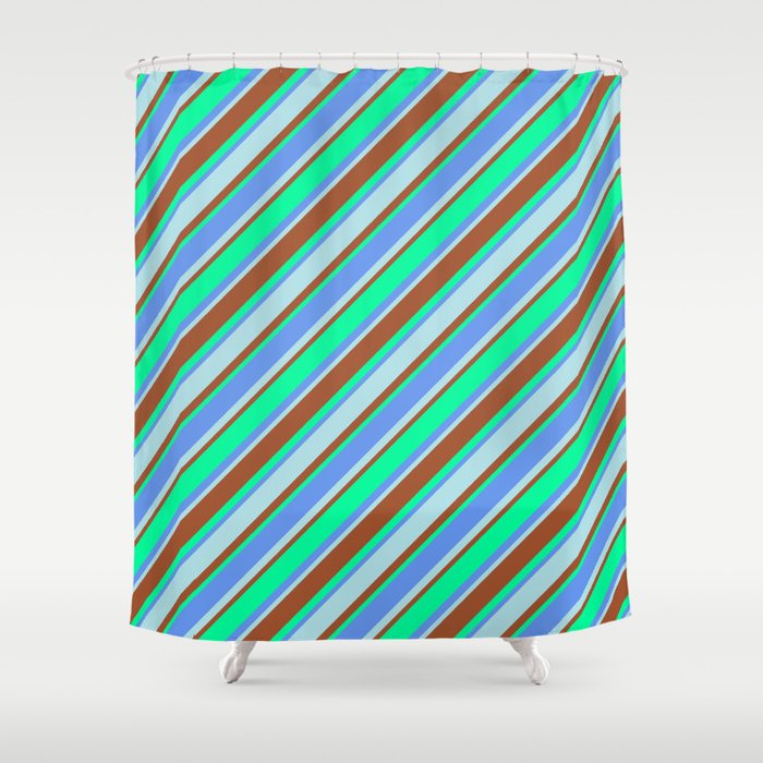 Cornflower Blue, Powder Blue, Sienna & Green Colored Striped Pattern Shower Curtain