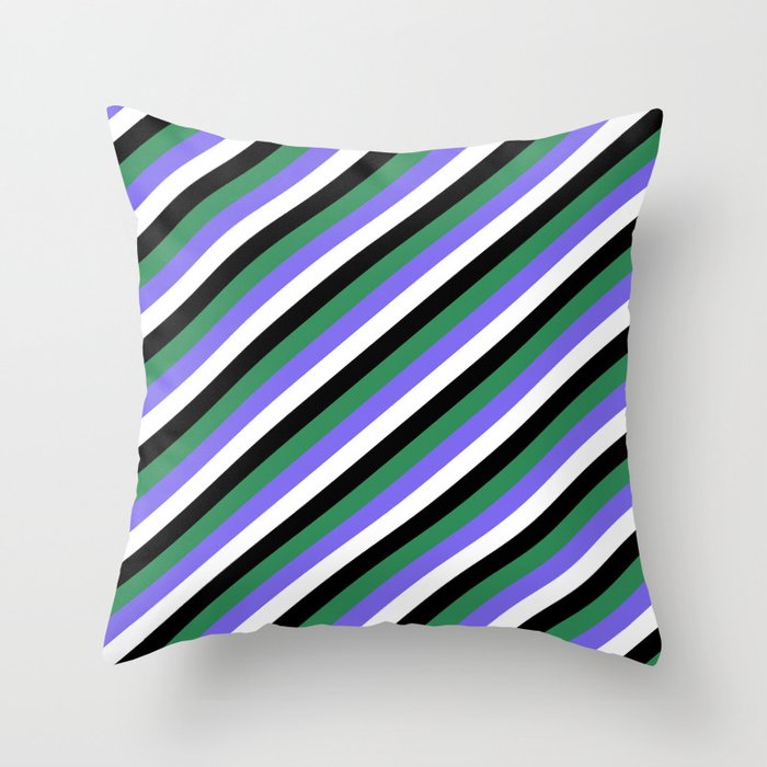 Sea Green, Medium Slate Blue, White & Black Colored Striped/Lined Pattern Throw Pillow