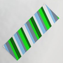 [ Thumbnail: Eye-catching Light Sky Blue, Light Slate Gray, Lime, Dark Green, and White Colored Stripes Pattern Yoga Mat ]
