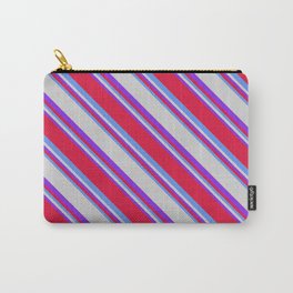 [ Thumbnail: Purple, Crimson, Cornflower Blue, and Light Grey Colored Lined/Striped Pattern Carry-All Pouch ]