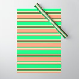 [ Thumbnail: Green, Beige, Light Salmon & Dark Olive Green Colored Stripes Pattern Wrapping Paper ]
