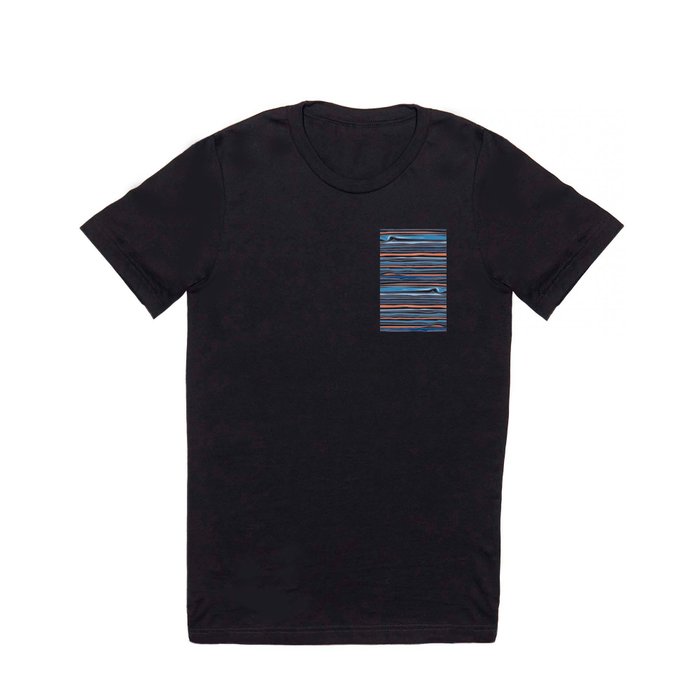 Modern Abstract Ocean Wave Stripes in Classic Blues and Orange T Shirt