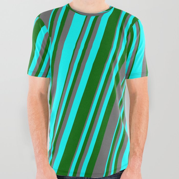 Aqua, Dark Green & Dim Grey Colored Lines/Stripes Pattern All Over Graphic Tee