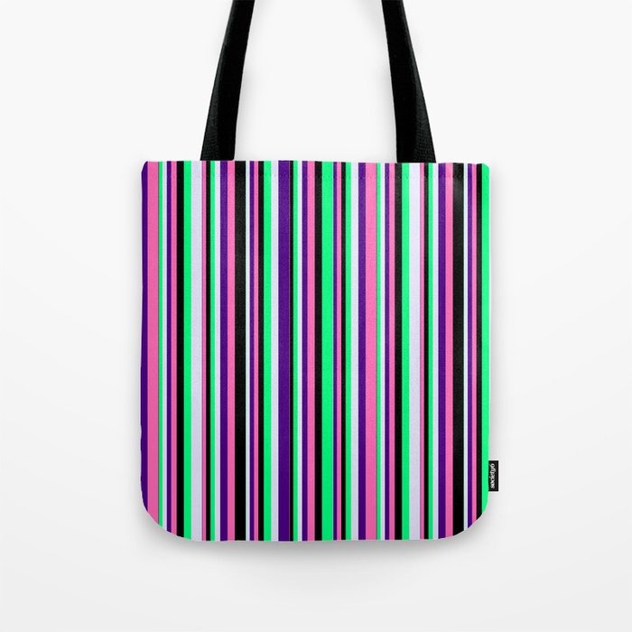 Eye-catching Green, Lavender, Indigo, Hot Pink & Black Colored Lines/Stripes Pattern Tote Bag