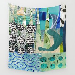 Teal Twist Abstract Collage, Teal Cobalt Turquoise Black and White Wall Tapestry