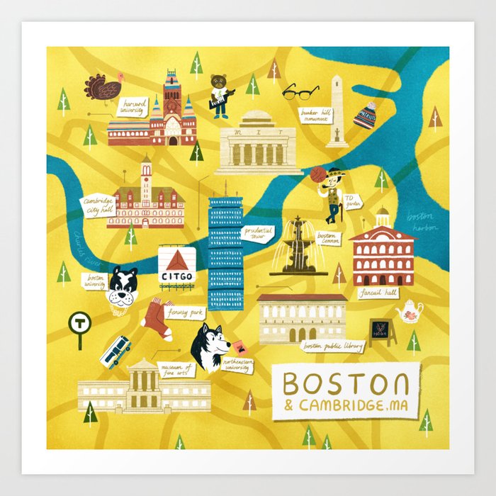 Illustrated map of Boston and Cambridge, MA Art Print