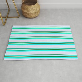[ Thumbnail: Green, Aqua & Lavender Colored Pattern of Stripes Rug ]