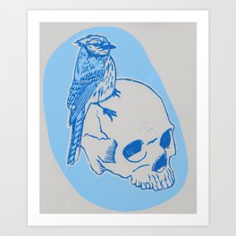 Bluejay and Skull Reduction Linocut Print Art Print