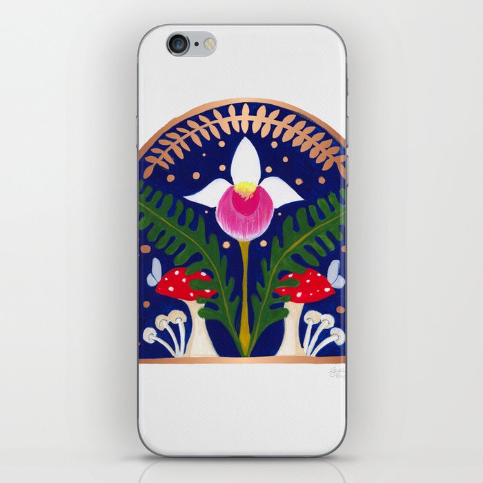 Showy Lady Slipper with ferns and mushrooms iPhone Skin