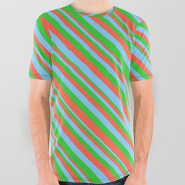[ Thumbnail: Lime Green, Red, and Light Sky Blue Colored Striped Pattern All Over Graphic Tee ]