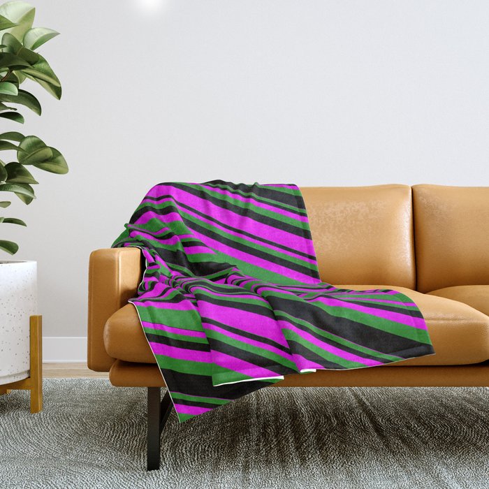Fuchsia, Forest Green & Black Colored Lines/Stripes Pattern Throw Blanket