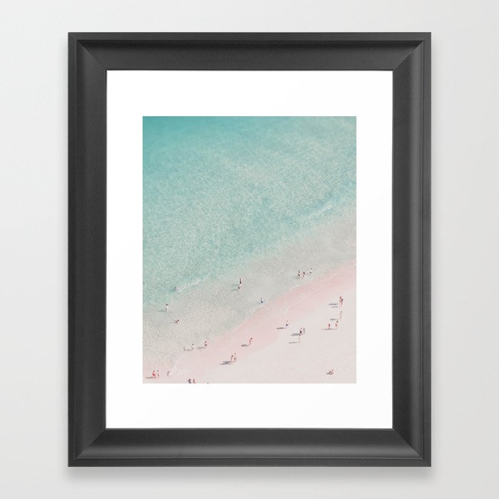Aerial Beach Ocean Print - Beach People - Pink Sand - Pastel Sea - Minimal - Travel photography Framed Art Print