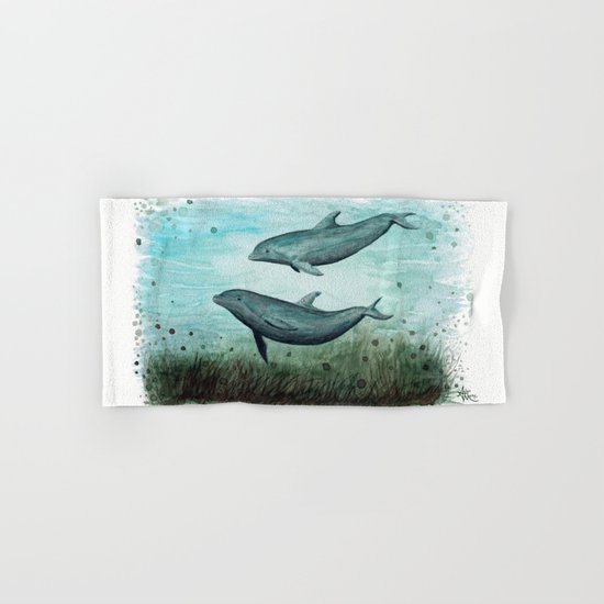 "Two Inshore Dolphins" by Amber Marine ~ Watercolor Painting, (c) 2015 Hand & Bath Towel