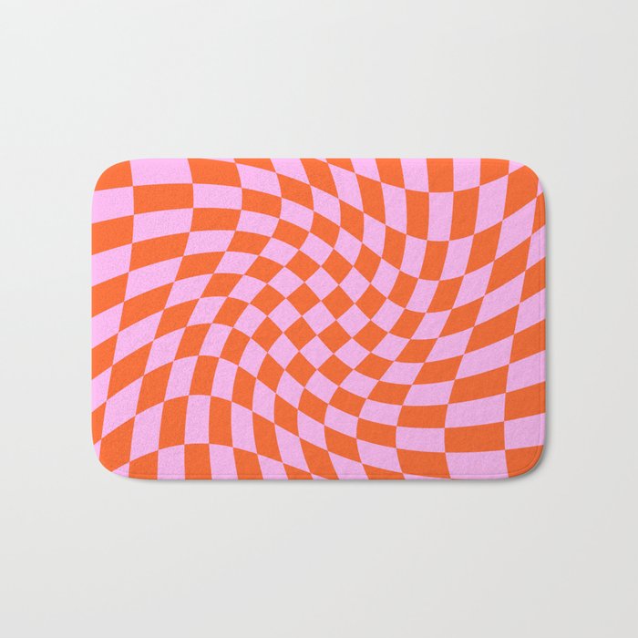 Retro Orange and Pink Bright Psychedelic Twisted Checker Swirl Print Bath Mat