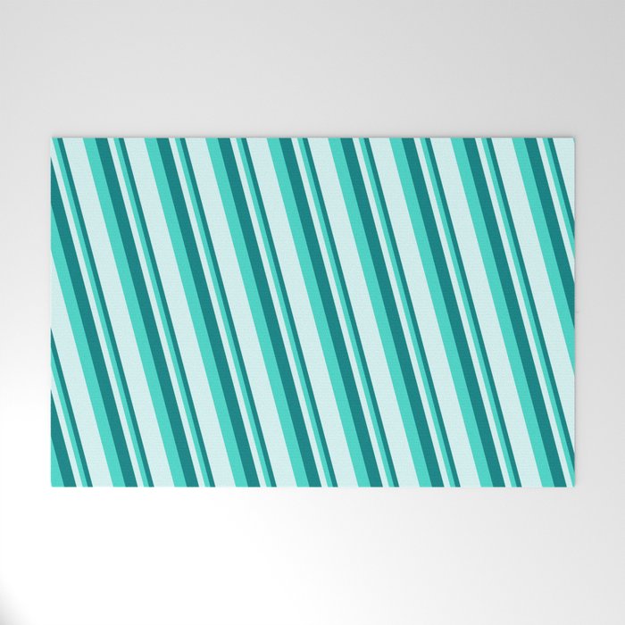 Teal, Turquoise, and Light Cyan Colored Stripes Pattern Welcome Mat
