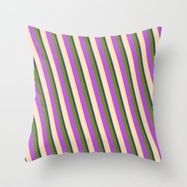 [ Thumbnail: Colorful Slate Blue, Dark Slate Gray, Green, Orchid & Beige Colored Striped Pattern Throw Pillow ]