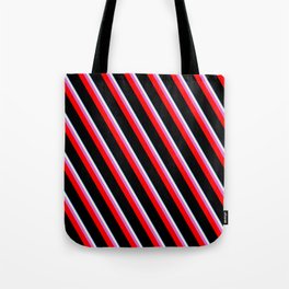 [ Thumbnail: Eyecatching Blue, Beige, Orchid, Red & Black Colored Lines/Stripes Pattern Tote Bag ]