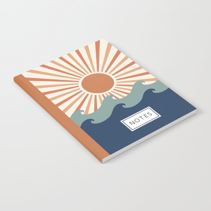 Retro, Sun and Wave Art, Blue and Orange Notebook