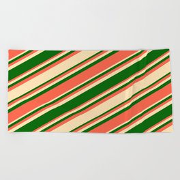 [ Thumbnail: Beige, Dark Green & Red Colored Lined Pattern Beach Towel ]