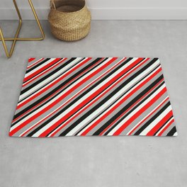 [ Thumbnail: Red, Dark Grey, Black, and Mint Cream Colored Lined Pattern Rug ]