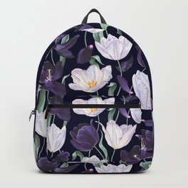 Purple and White Tulip Floral Prints on Navy Blue Backpack
