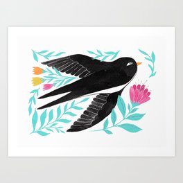 swallow with pink, yellow and orange flowers Art Print