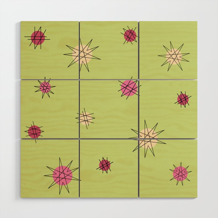 Atomic Age Starburst Planets Lime Green Pink Wood Wall Art