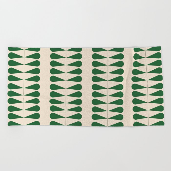 Green geometric mid century retro plant pattern Beach Towel