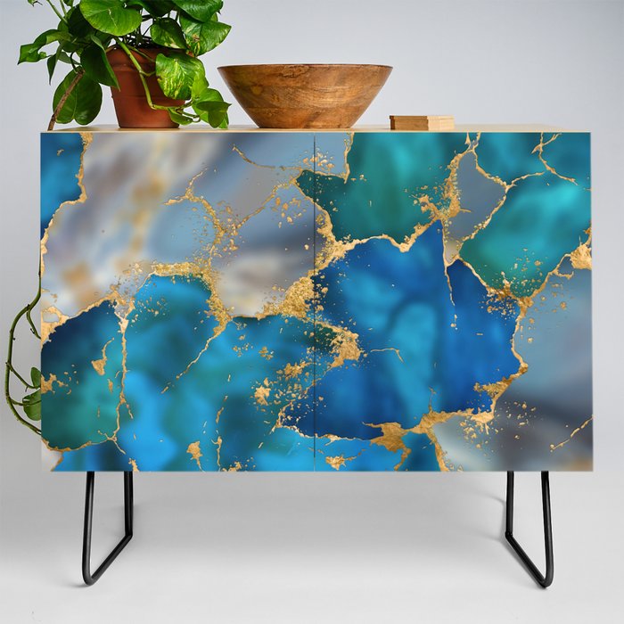 Dreamy Ocean Blue and Gold Credenza