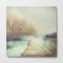 Where to? Metal Print | Nature, Journey, Mixed Media, Blue, Pier, Forest, Birds, Ethereal, Lake, Dream 