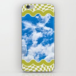 The Blue Sky In Muted Lime Green Wavy Frame On Muted Lime Green Warped Checkerboard iPhone Skin