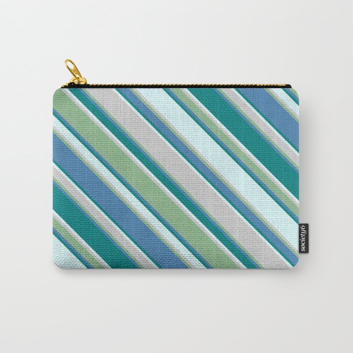 Eye-catching Light Cyan, Light Grey, Dark Sea Green, Blue, and Teal Colored Striped Pattern Carry-All Pouch