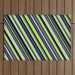 [ Thumbnail: Colorful Midnight Blue, Light Gray, Light Green, Black, and Dim Grey Colored Stripes/Lines Pattern Outdoor Rug ]