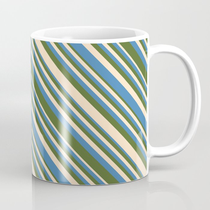 Bisque, Blue, and Dark Olive Green Colored Lines/Stripes Pattern Coffee Mug