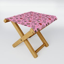 Ladybug and Floral Seamless Pattern on Pink Background Folding Stool