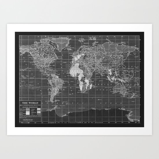 Black and White Vintage World Map Art Print