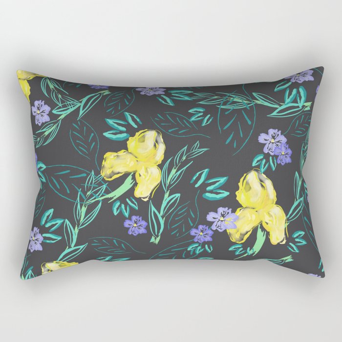 Yellow iris and periwinkle watercolour & ink pattern in black Rectangular Pillow